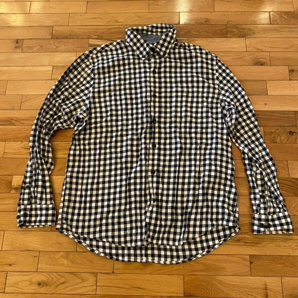 Lands End Mens Plaid Long Sleeve Button Down Shirt Black White‎ XL